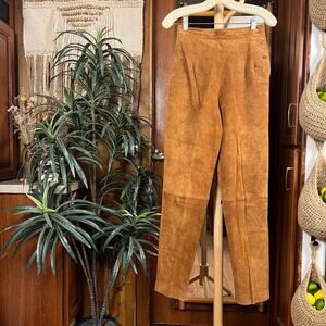 Vintage Perry Ellis Portfolio Suede Pants 6 | Camel Leather Side Button Pleated